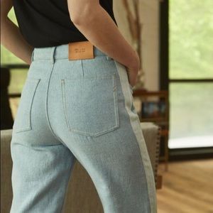 Billy Reid blue denim Panel Stripe pant high waist wide leg crop raw edge sz 2